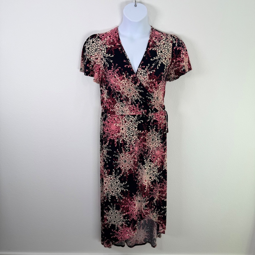Elie McCarthy Petite Pink Floral Faux Wrap Dress PL Jersey Short Sleeve Hi-Low